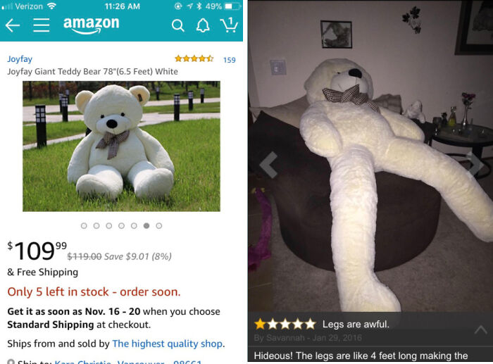 Side-by-side images showing a giant teddy bear purchased online that looks completely different from the picture.