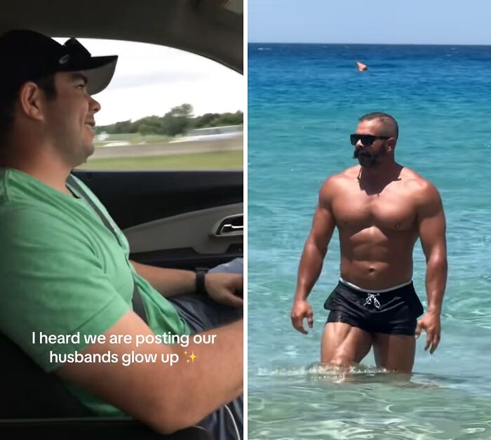 Before and after husband glow-up transformation showing muscular man at the beach and casual man in a car.