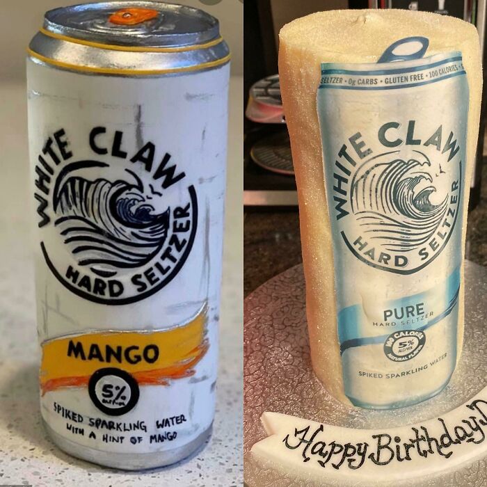 Two White Claw hard seltzer cans side by side, one a realistic illustration and the other a cake shaped like the can.