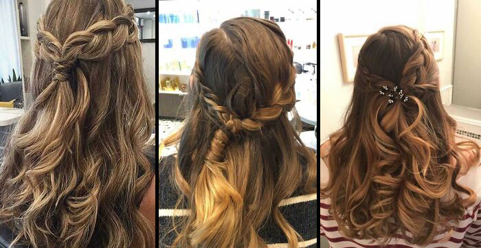 Three different women with hairstyles that look like purchased hair tutorials but resulted in unexpected hair designs.