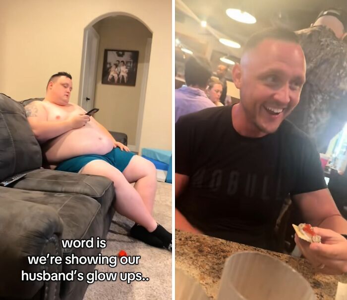 Before and after husband glow-up showing a dramatic transformation with improved fitness and smiling at a restaurant.