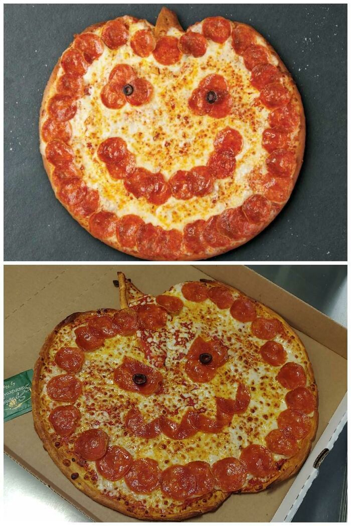 Comparison of pizza purchased based on a picture and the disappointing, poorly made pizza received instead