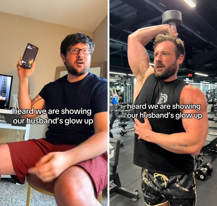 Side-by-side photos of a husband before and after his impressive husband glow-up transformation.