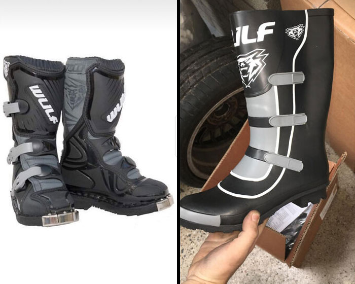 Comparison of motorcycle boots versus oversized rubber boots received after an online purchase based on a picture.