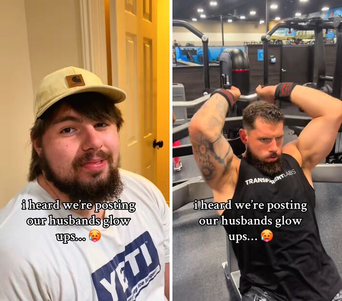 Before and after husband glow-up transformation showing fitness progress and muscle gain in the gym.
