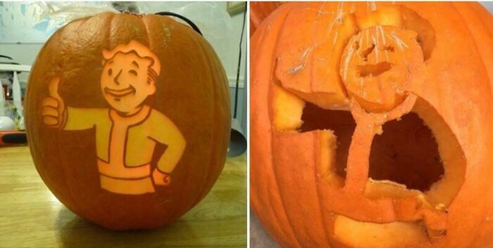 Side-by-side comparison of a detailed Fallout pumpkin carving and a poorly executed pumpkin carving fail.