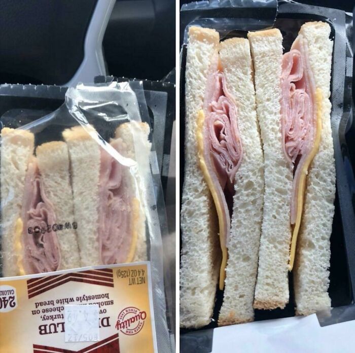 Ham and cheese sandwich with thin bread slices showing a misleading product based on a picture purchase fail.