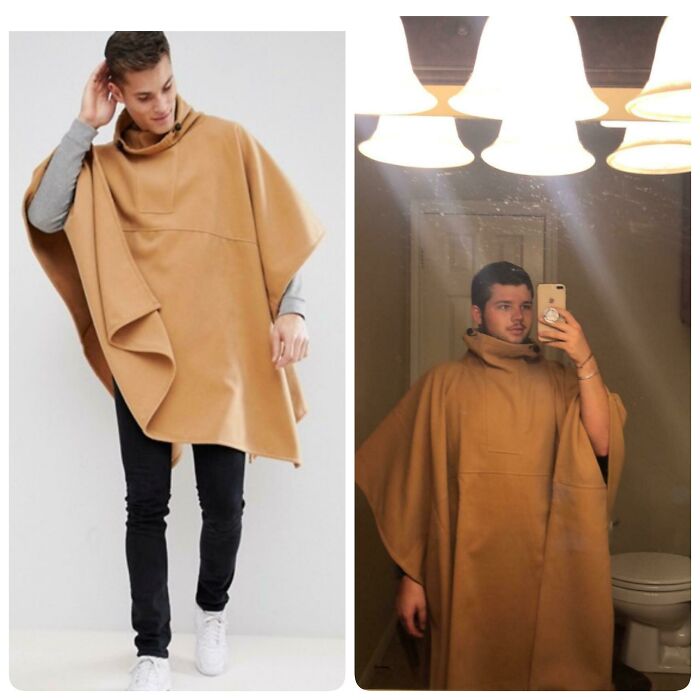 Comparison of clothing purchased based on a picture versus the unexpected product received, highlighting online shopping fails.