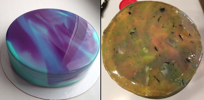 Two side-by-side cakes showing a beautiful galaxy design versus a messy failed attempt based on a picture purchase.