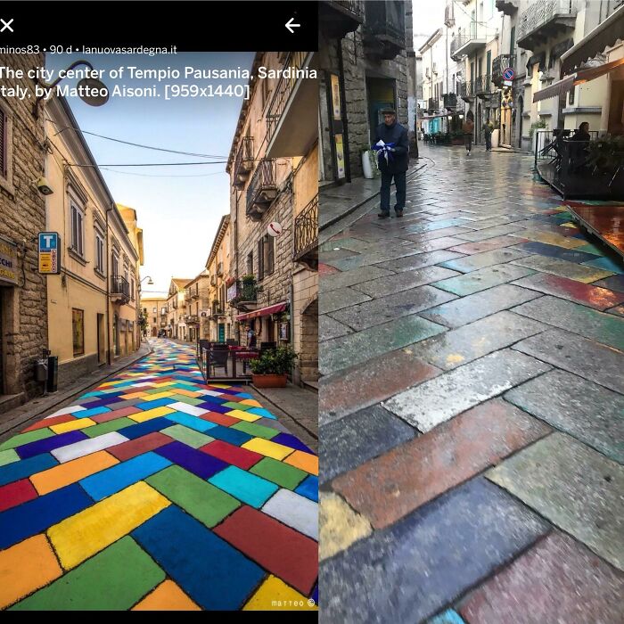 Side-by-side comparison of a colorful street pavement from a picture versus the dull real-life version showing purchased item difference.