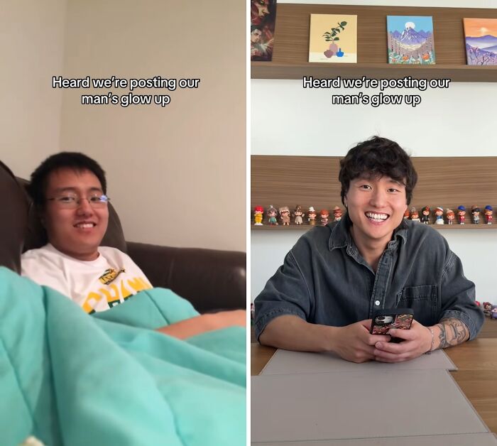 Side-by-side photos showing a husband’s glow up transformation with a before and after comparison.