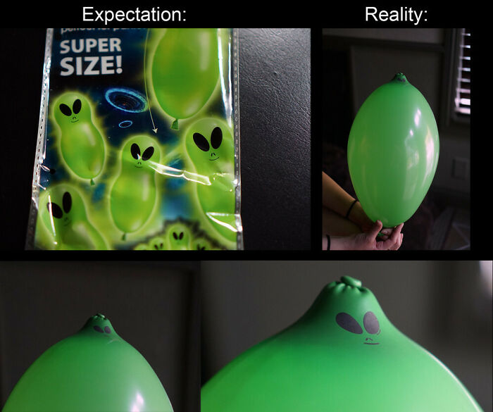 Expectation versus reality of alien-shaped balloons showing a fail from purchases based on a picture and got something different.
