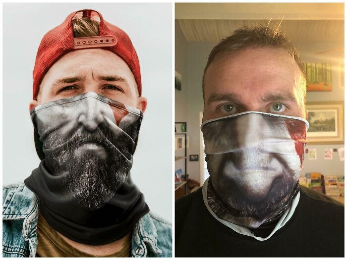 Two men wearing face masks with printed bearded faces, showing a humorous purchase discrepancy based on picture expectations.