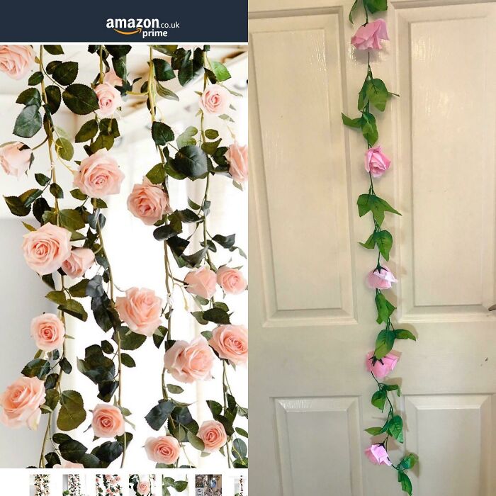 Comparison of expected versus received floral garland purchased online showing a significant difference in quality and appearance.