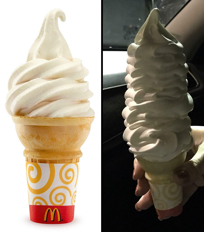 Soft serve ice cream cone purchased based on a picture versus the actual lengthy, uneven serving received.