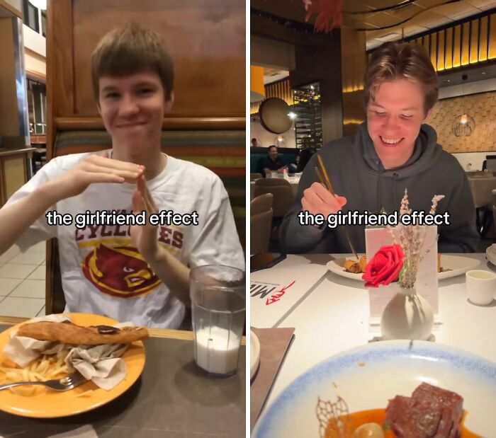 Before and after husband glow-up showing transformation attributed to the girlfriend effect during dining experiences.