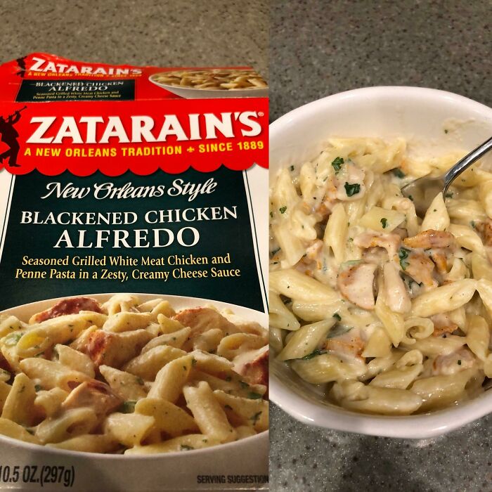Box of blackened chicken Alfredo with penne pasta next to a bowl of the actual prepared meal, showing a difference in appearance.