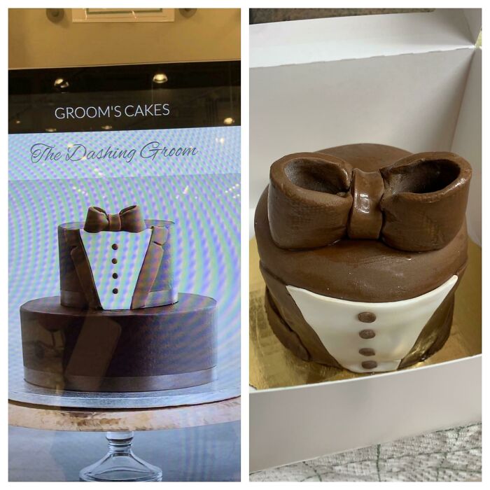 Side-by-side images showing a groom’s cake ordered online and the disappointing version received through a picture-based purchase.
