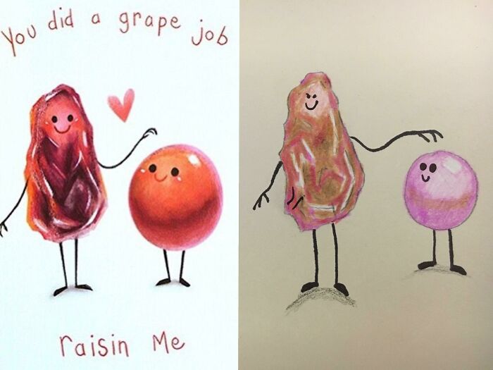 Funny comparison of a picture-based purchase showing a cute grape and raisin drawing versus a poorly drawn version.