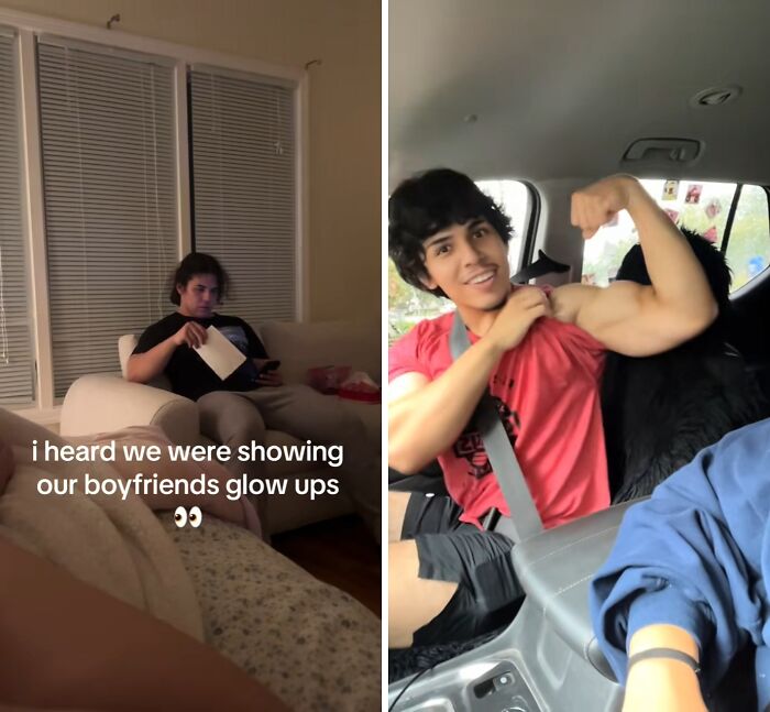 Before and after husband glow-up showing transformation from casual to muscular and confident in a car.