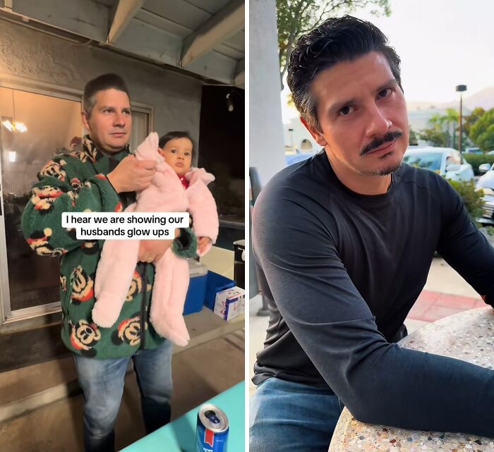 Before and after photos showing a husband glow-up transformation with improved style and confidence outdoors.