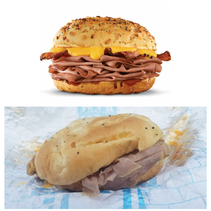 Side-by-side comparison of a deli sandwich, one perfect and one poorly made, illustrating purchase disappointment based on pictures.