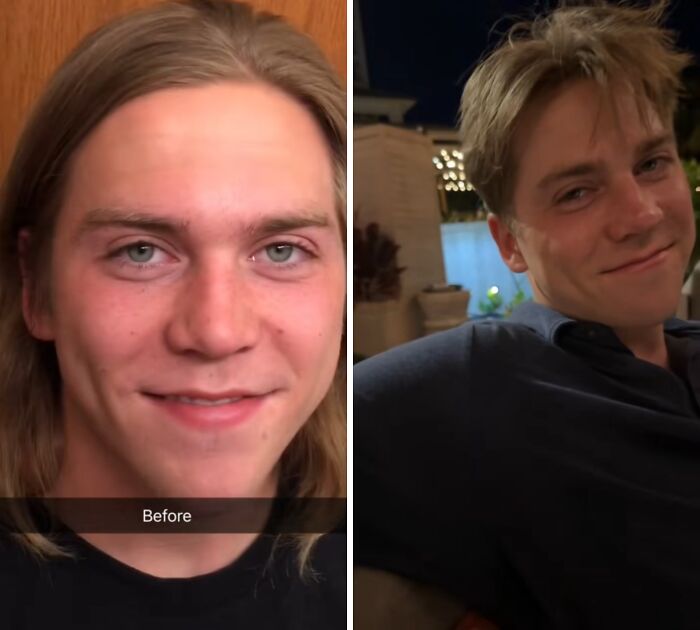 Side-by-side photos of a young man showing a husband glow-up transformation with long hair before and short hair after.