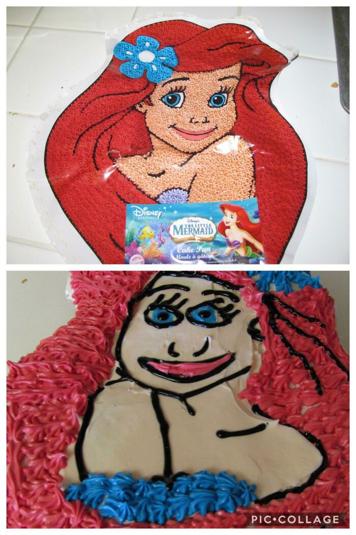 A disappointing cake design compared to the original picture showing a major difference in purchased product quality.