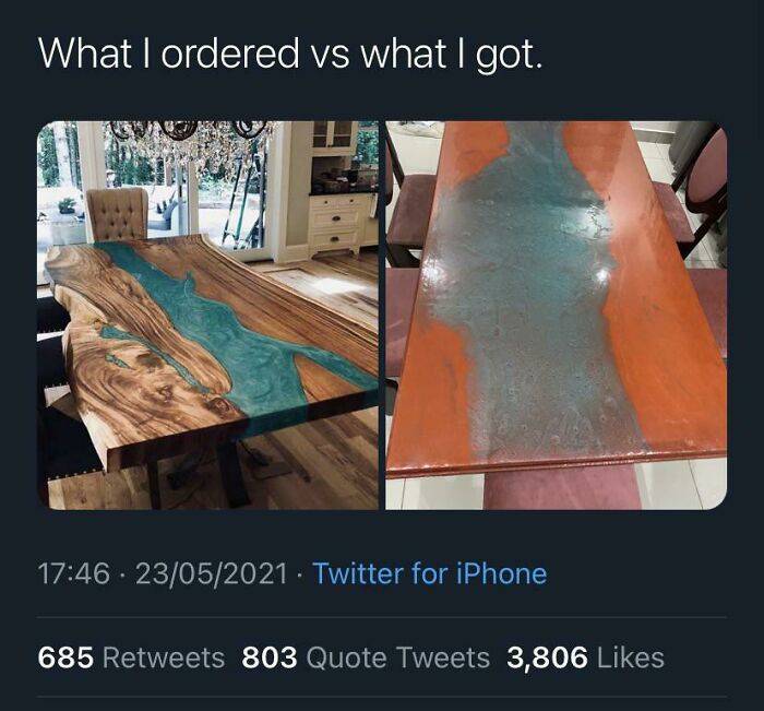 Comparison of a wooden river table ordered online and the disappointing version actually received, showing product photo fail.