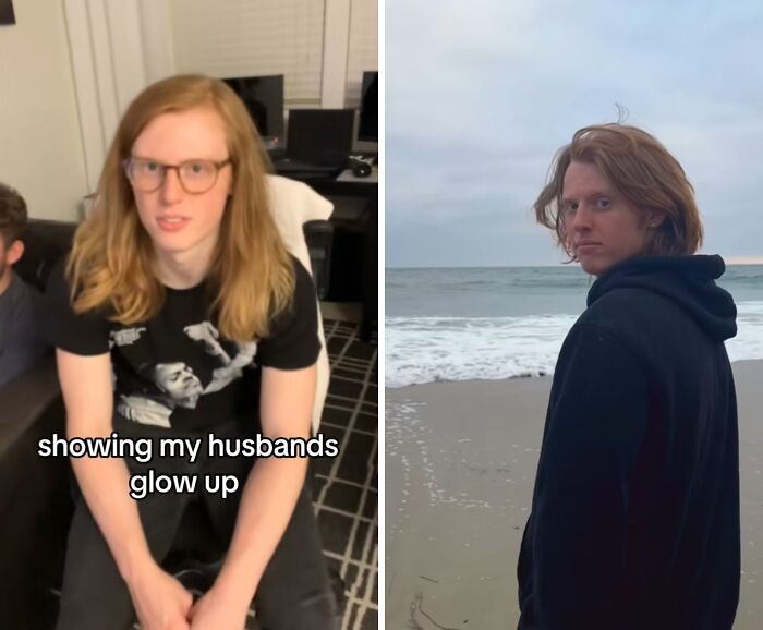 Before and after husband glow-up transformation, one sitting indoors and the other standing by the ocean shore.