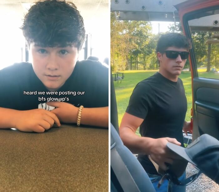 Young man before and after glow-up, showing a significant transformation that surprised people with his husband glow-ups.