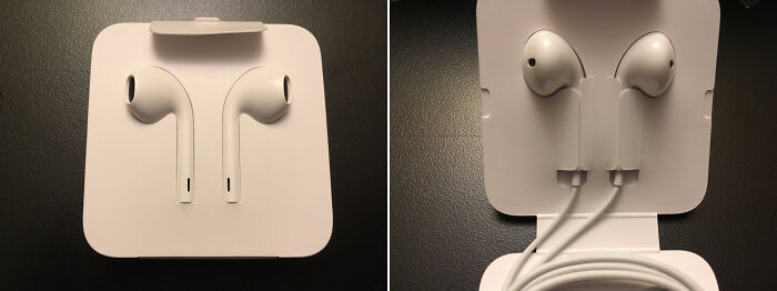 Earbuds in packaging on the left showing a picture-perfect display, while the right side reveals the reality of the item received.