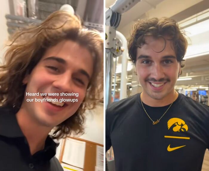 Side-by-side photos of a husband showing a dramatic glow-up transformation at the gym, smiling confidently.