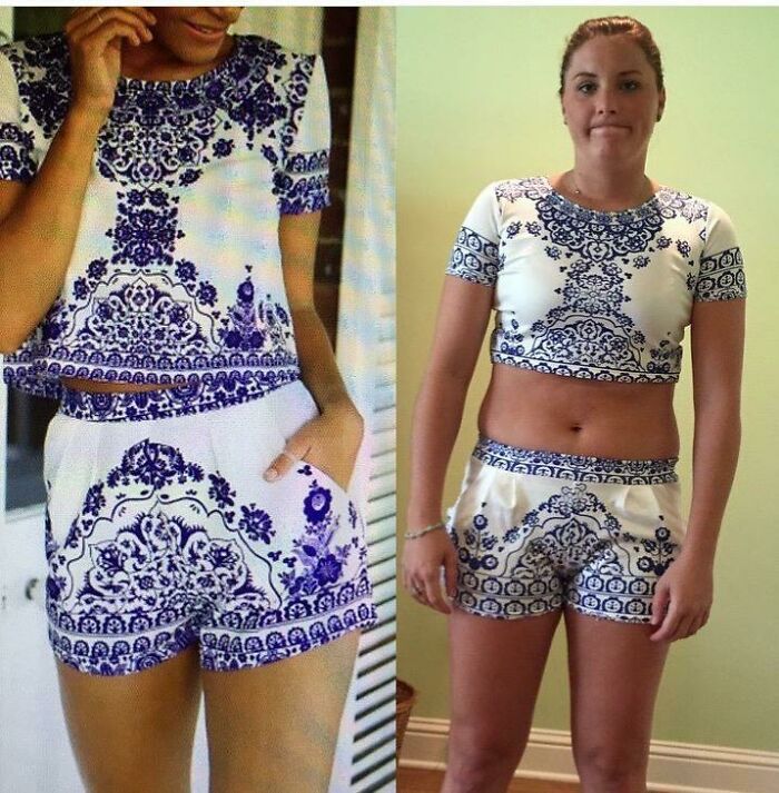 Comparison of two outfits showing the difference between purchased clothing based on a picture versus the actual product received.