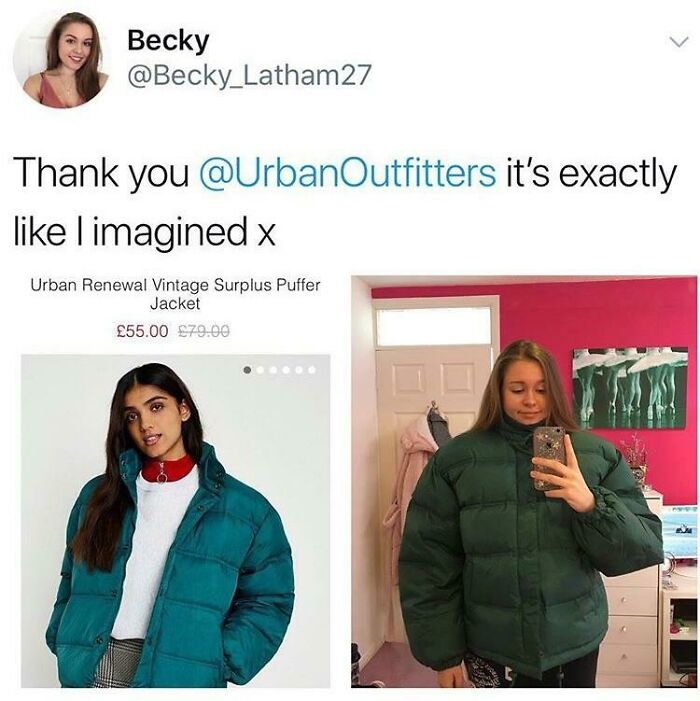 Person shows online purchase vs actual oversized jacket, illustrating funny results of buying based on a picture gone wrong.