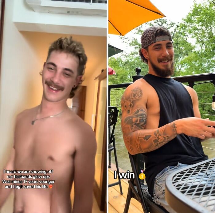 Before and after husband glow-up transformation, showing dramatic changes in appearance and style outdoors and indoors.