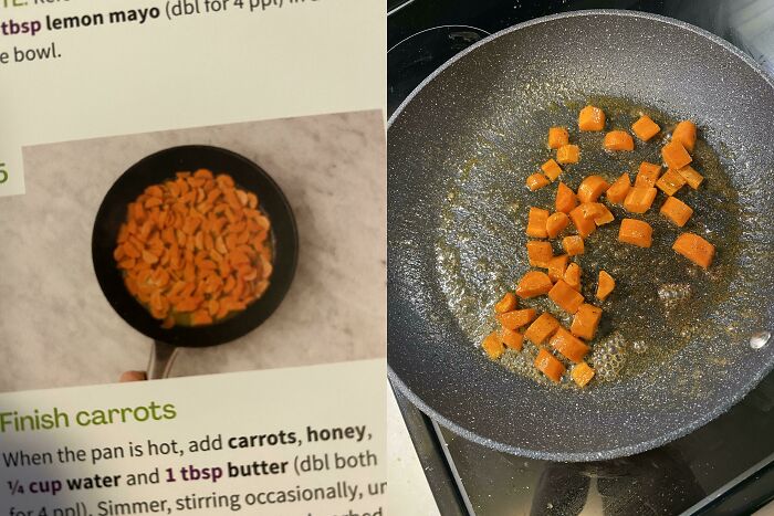 Photo showing a cooking recipe image of carrots versus the small portion of carrots actually in the pan illustrating purchase based on picture confusion.