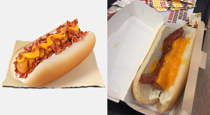 Comparison of hot dog purchased based on picture showing a major difference between expectation and reality.
