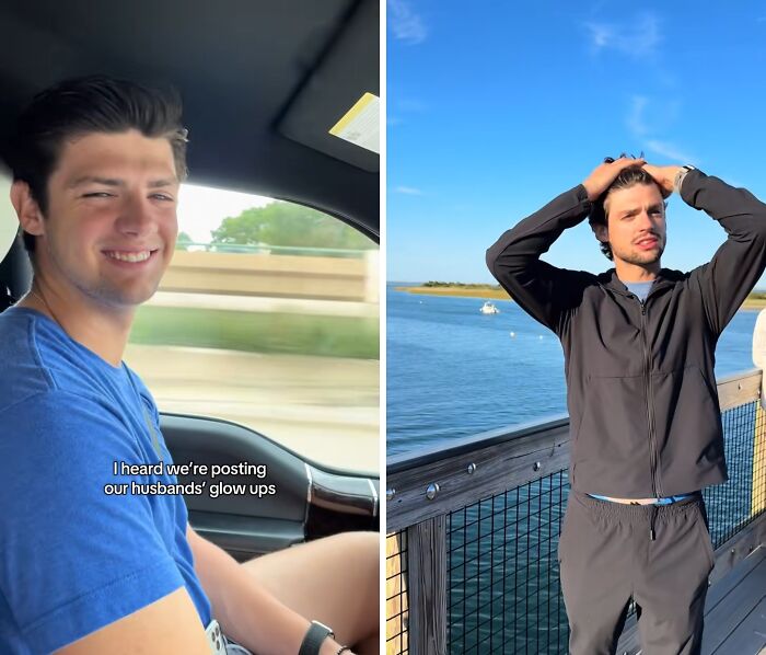 Side-by-side images showing a husband’s glow-up transformation from casual indoors to confident outdoors by the water.