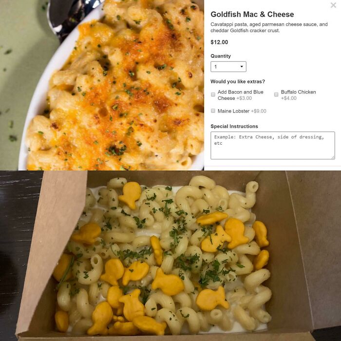 Comparison of ordered goldfish mac and cheese with image and actual delivered product, showcasing unexpected purchase differences.