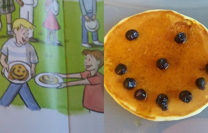 Illustration of a smiling pancake versus actual pancake with uneven blueberry smile, showing purchase based on picture difference.
