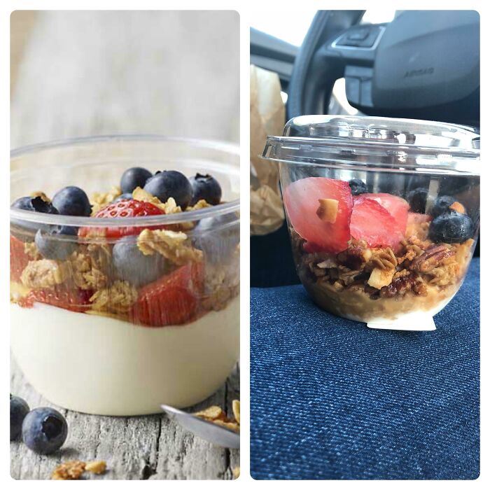 Comparison of purchase based on picture showing a parfait with blueberries and granola versus a less appealing real product version.