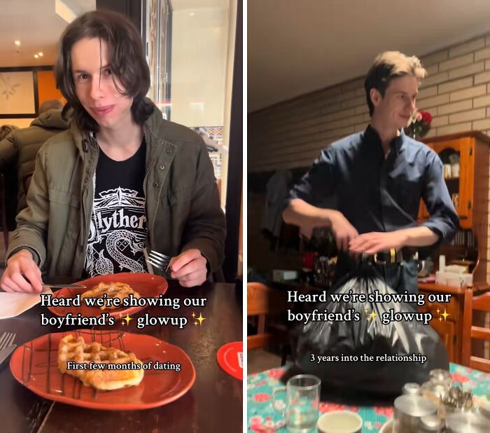 Before and after husband glow-up transformation, showing significant style and confidence changes over three years.