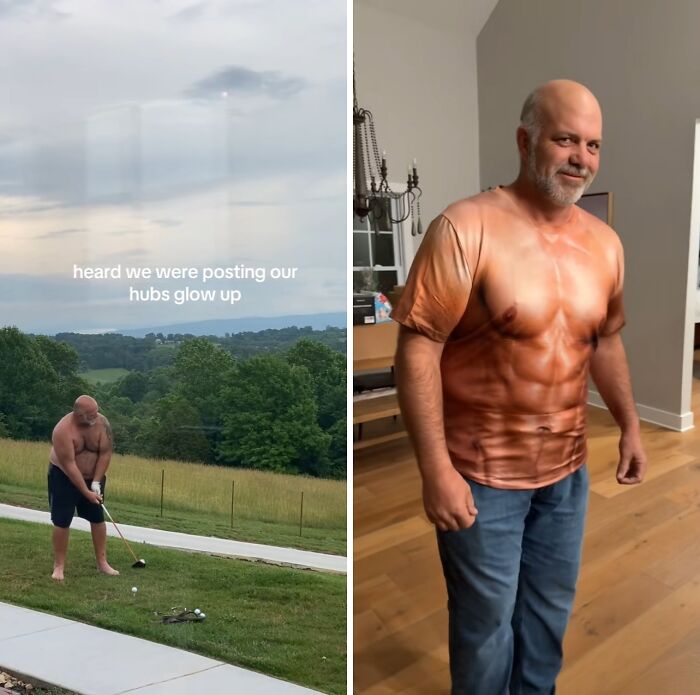 Man showing a husband glow-up wearing a muscle print shirt compared to a previous shirtless outdoor photo golfing.