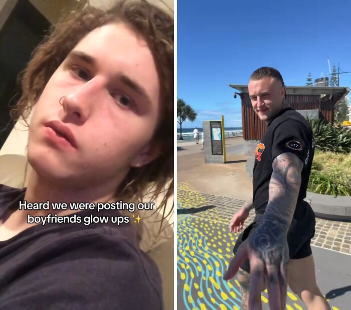 Side-by-side husband glow-up transformation showing a younger look and a confident, tattooed appearance outdoors.