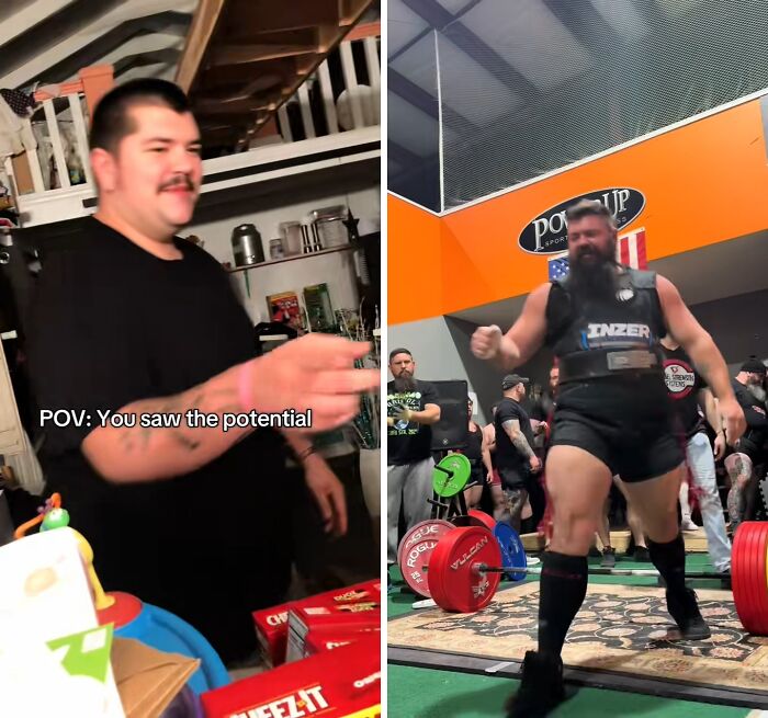 Before and after husband glow-up transformation showing impressive physical strength and fitness progress.