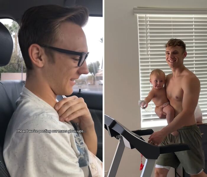 Young husband showing glow-up transformation holding a baby by treadmill, highlighting husband glow-ups that shocked people.