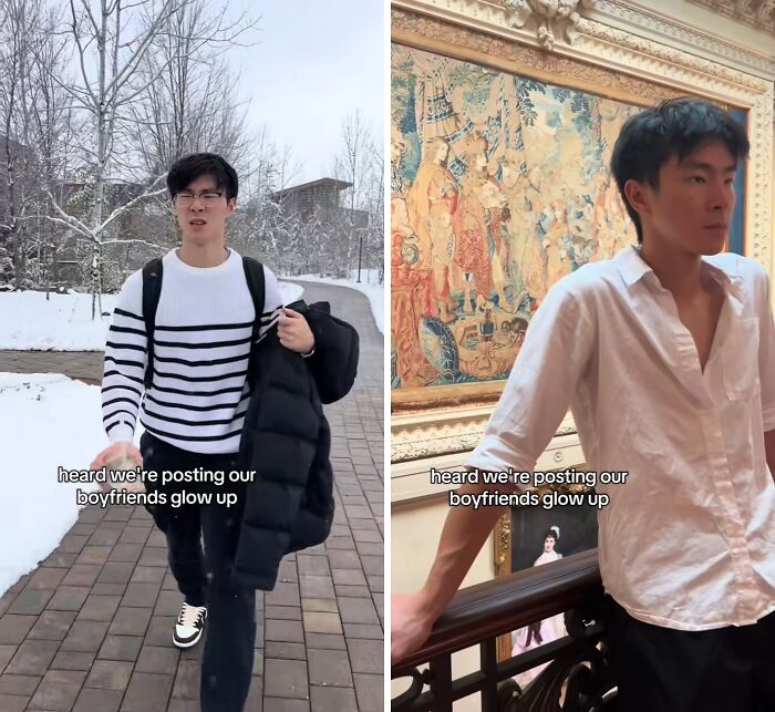 Before and after husband glow-up showing a stylish transformation in different settings and outfits.