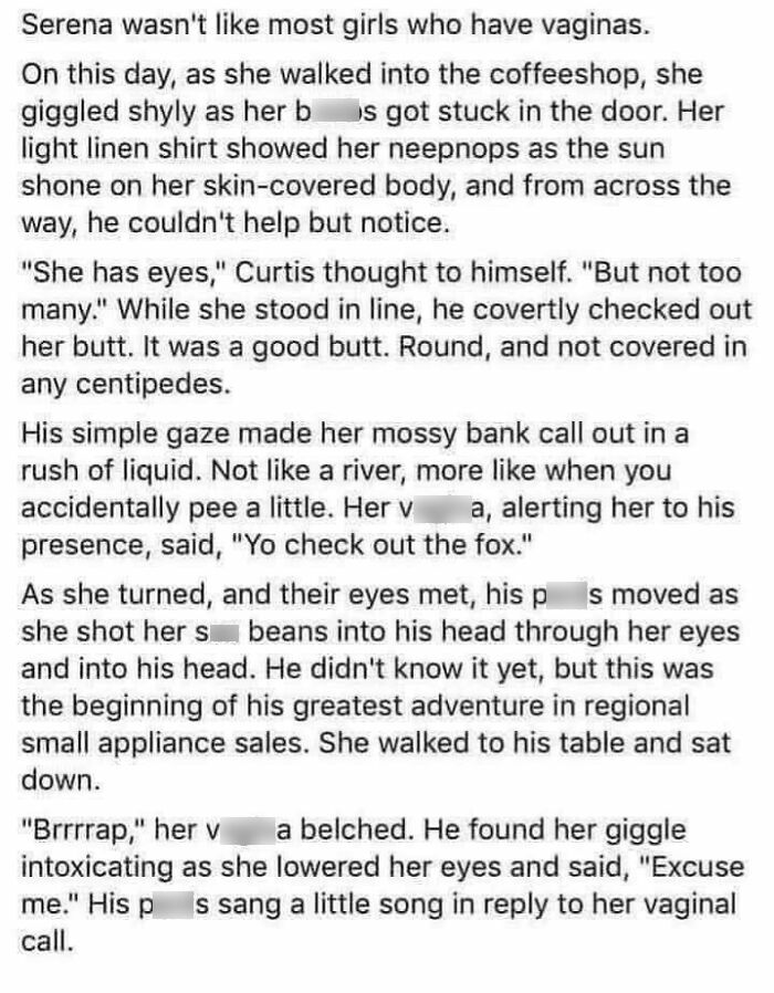 Text screenshot showing a humorous and awkward example of male authors misunderstanding women in writing.