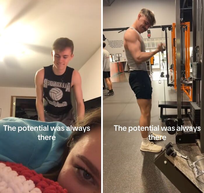 Young man showing impressive husband glow-up transformation with visible muscle gain and fitness progress at the gym.